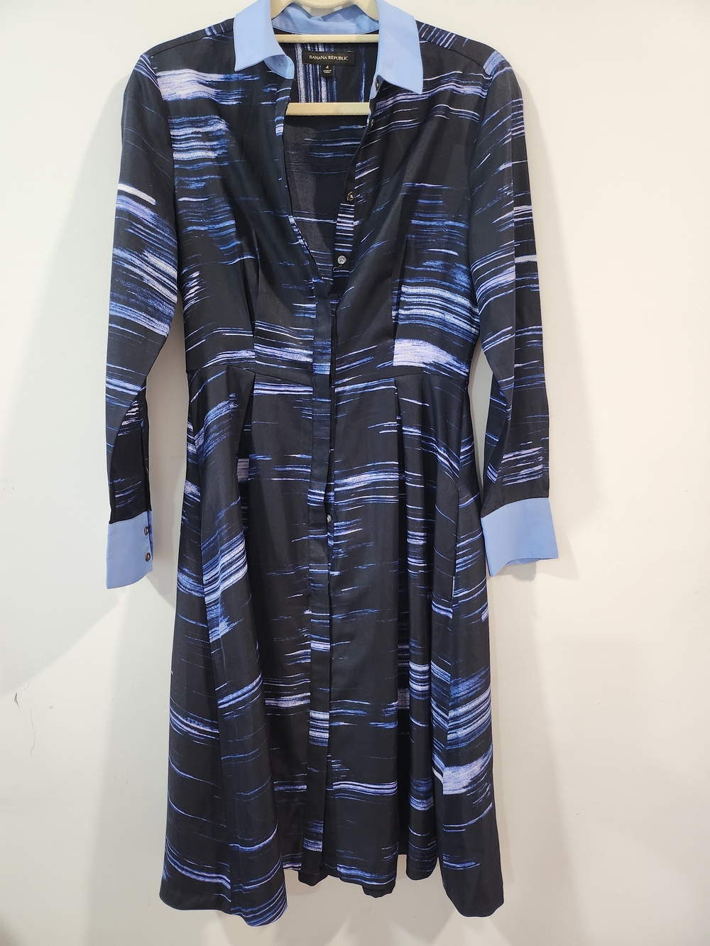 Banana Republic Black and Light Blue Brushstroke Long Sleeve Shirt Dress